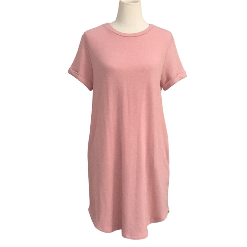KLD French Terry cuffed sleeve pink t-shirt dress with pockets